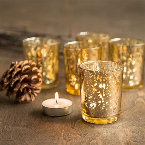 SET OF 12 Gold Mercury Glass Candle Votive Mercury Glass Bulk Tea Light ...