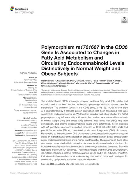 (PDF) Polymorphism rs1761667 in the CD36 Gene Is Associated to Changes in Fatty Acid Metabolism ...