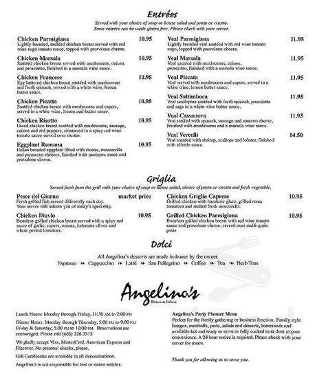 Angelina's Ristorante Italiano menu in Concord, New Hampshire, USA