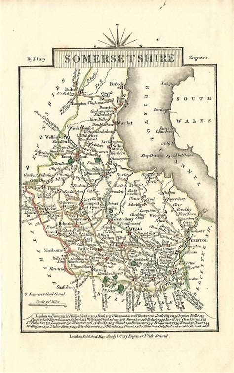 Somerset antique map by Georgian cartographer John Cary published 1812 ...