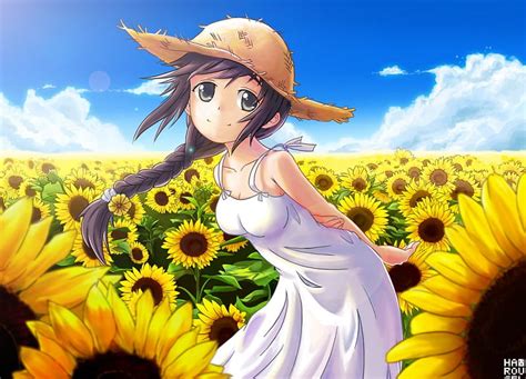 SunFlower, pretty, dress, scenic, breeze, floral, sweet, nice, anime ...