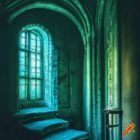 Castle interior cozy dim blue green on Craiyon