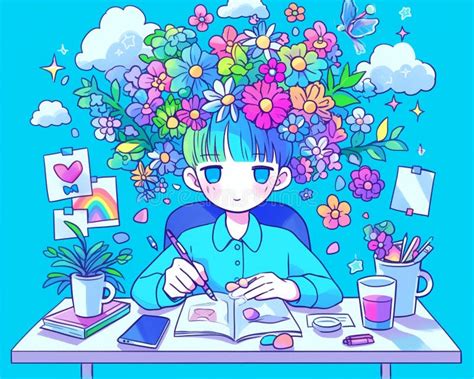Anime-style Illustration Blue-haired Boy Studying Desk Lush Flowers Clouds Stock Illustration ...