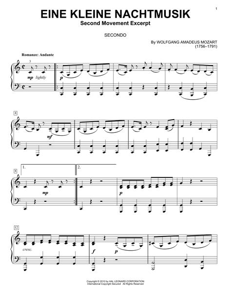 Partition piano Eine Kleine Nachtmusik ("Romance"), Second Movement de Wolfgang Amadeus Mozart ...