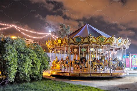 Vintage carousel at night | High-Quality Arts & Entertainment Stock ...