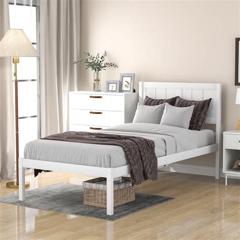 White Single Wood Bed Frame, Twin Size Bed Frame with Headboard, Modern ...