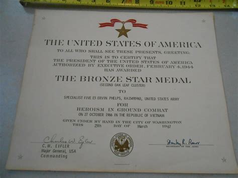 RARE ORIGINAL 1967 VIETNAM BRONZE STAR MEDAL CERTIFICATE NAMED ARMY SOLDIER HTF