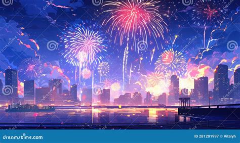 Colorful Explosion of Fireworks Over the Night City Landscape. Holiday or New Year Concept Stock ...