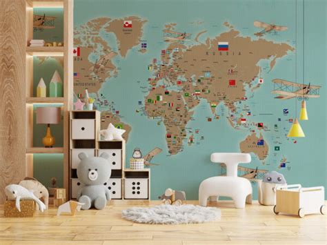 World Map With Flags Kids Wallpaper - Magic Decor