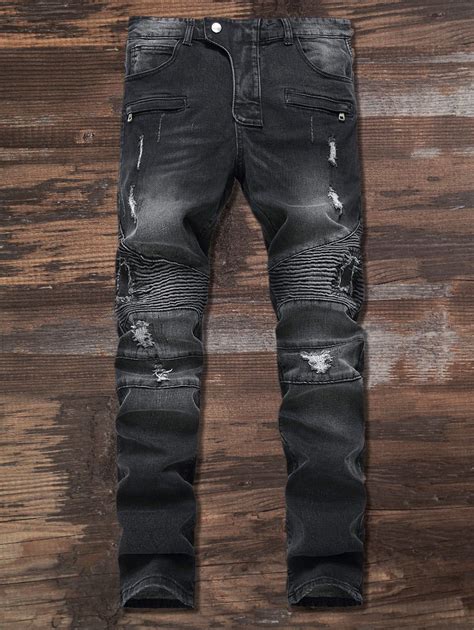 Zip Frayed Ripped Moto Jeans | Black jeans men, Black ripped jeans outfit, Ripped jeans outfit