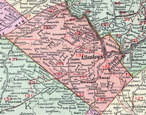 Lehigh County, Pennsylvania, 1911, Map, Allentown, Macungie, Slatington, Coplay, Emmaus ...