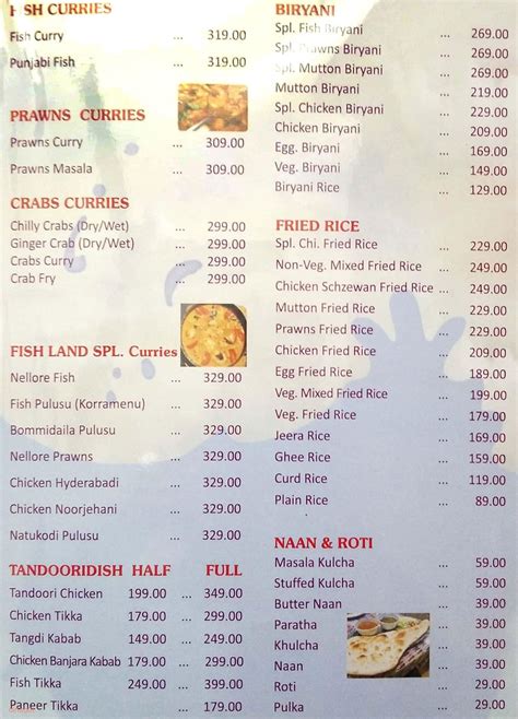 Menu of Hotel Fish Land, Lakdi-Ka-Pul, Central Hyderabad | Dineout