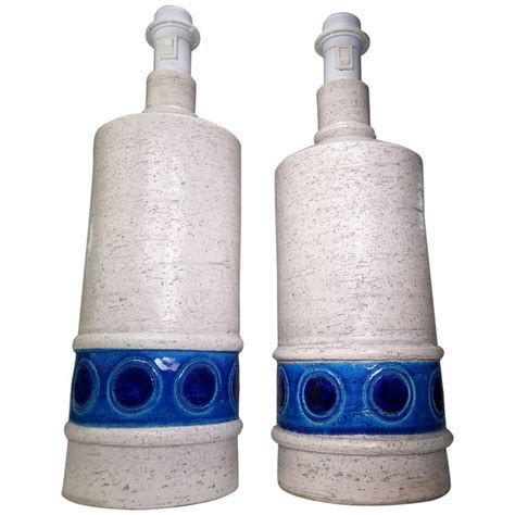 Aldo Londi for Bitossi Midcentury White and Blue Ceramic Table Lamps ...