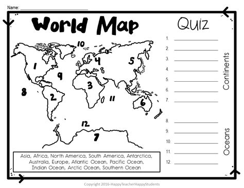 World Map- World Map Quiz (Test) and Map Worksheet | 7 Continents and 5 Oceans - Classful