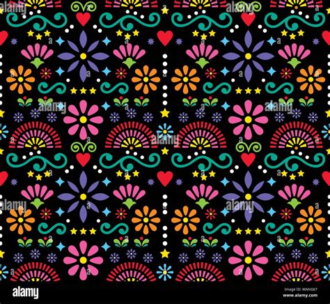 Mexican folk art seamless vector pattern, colorful design with flowers wallpaper inspired by ...