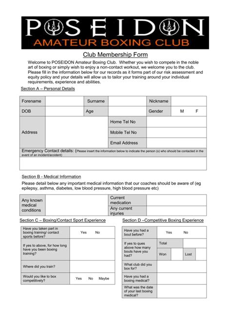 Club Membership Form - Poseidon Amateur Boxing Club