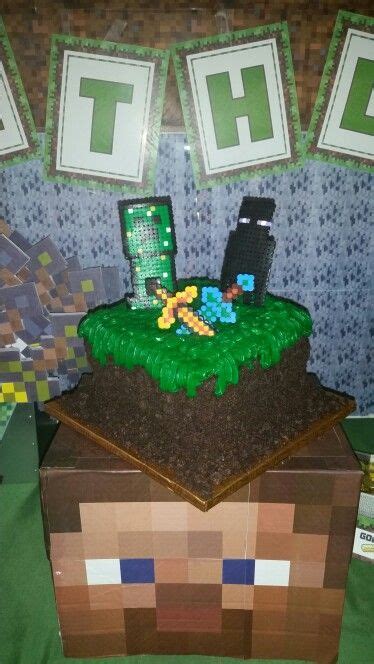 Minecraft Dirt Block Cake with Perler Bead Toppers