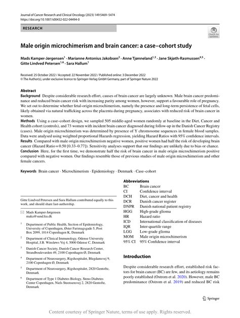 Male origin microchimerism and brain cancer: a case–cohort study | Request PDF