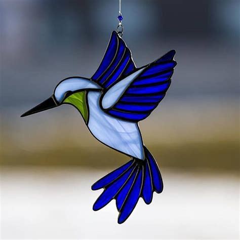 Hummingbird, stained glass hummingbird suncatcher, stain glass blue humming bird ornament on ...