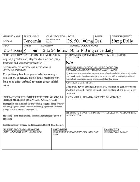 Week 3 - Atenolol - Drug card - GENERIC NAME TRADE NAME CLASSIFICATION ...