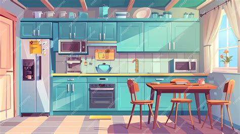 Premium Photo | Cartoon illustration showing a kitchen interior with wooden dining table blue ...