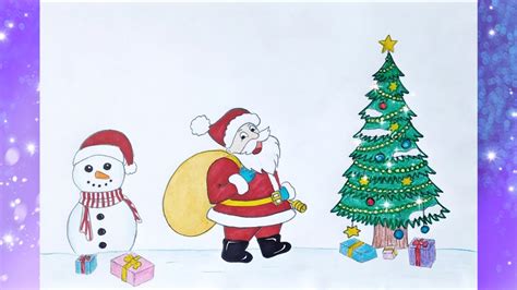 Beautiful Christmas Drawing - for kids || How to Draw Santa Claus, Christmas Tree and Snowman ...