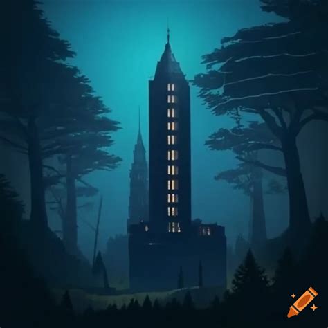Night view of a tall building in the forest