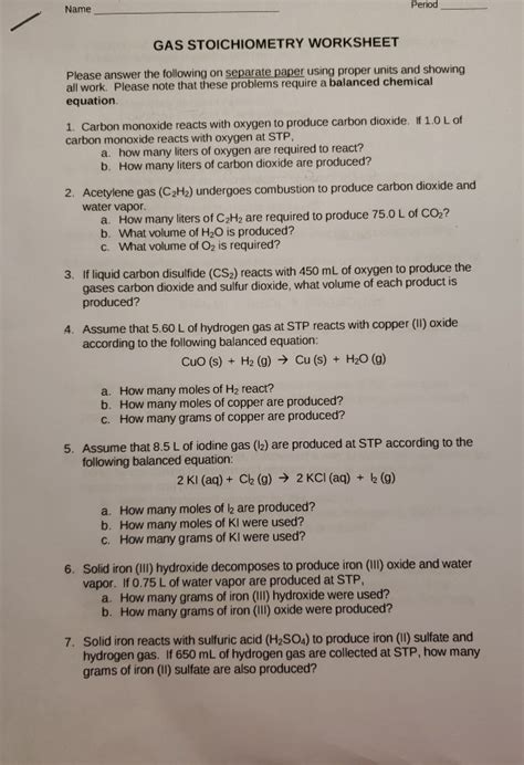 Solved Period Name GAS STOICHIOMETRY WORKSHEET Please answer | Chegg.com