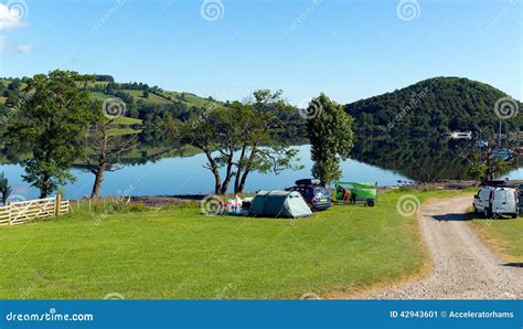 Campsite Tents Ullswater Lake District Cumbria England UK With Mountains And Blue Sky On ...