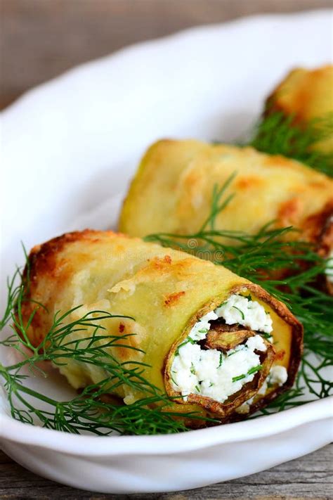 Homemade Vegetable Rolls with Cottage Cheese on a Plate. Simple Fried Zucchini Rolls Stuffed ...