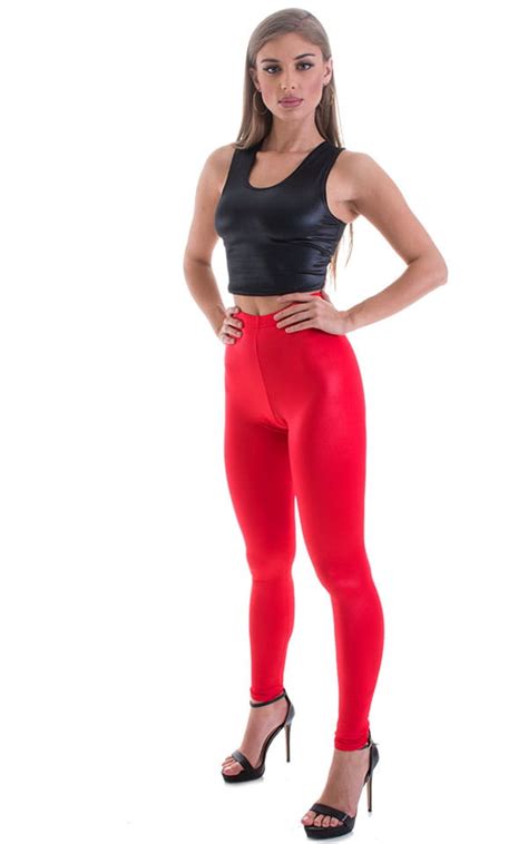 Womens Leggings - Fashion Tights in Wet Look Lipstick Red by Skinz