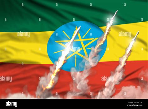 Modern strategic rocket forces concept on flag fabric background, Ethiopia nuclear missile ...