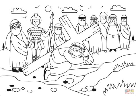 Jesus Falls with Cross coloring page | Free Printable Coloring Pages