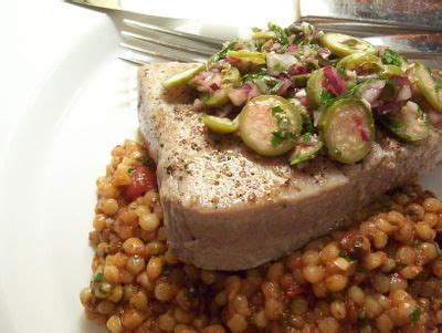 SEARED TUNA WITH FREGOLA PUTTENESCA & CAPERBERRY RELISH | Seared tuna, Food, Relish recipes