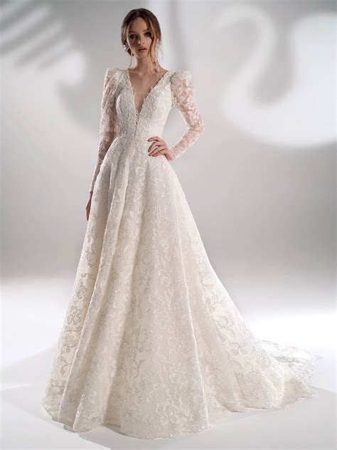 Sparkling lace ball gown wedding dress with long sleeves