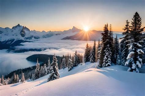 Premium Photo | The sun rises over a snowy mountain range.