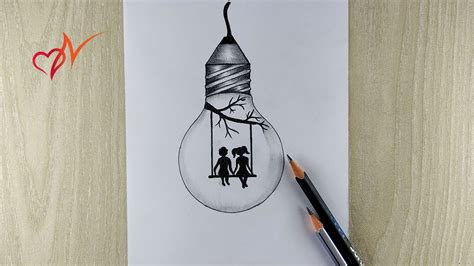 Couple sitting on the swing | Creative light bulb drawing | Easy pencil ...