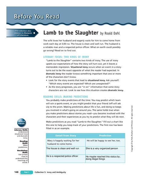 Lamb to the Slaughter Analysis Worksheet - 148 Part 1 Collection 5: Irony and Ambiguity ...