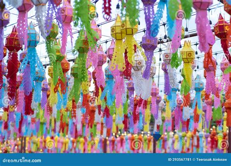 Colorful Lanna Paper Lanterns Hang in Lamphun Temples. Popular Lantern Festival during Loy ...