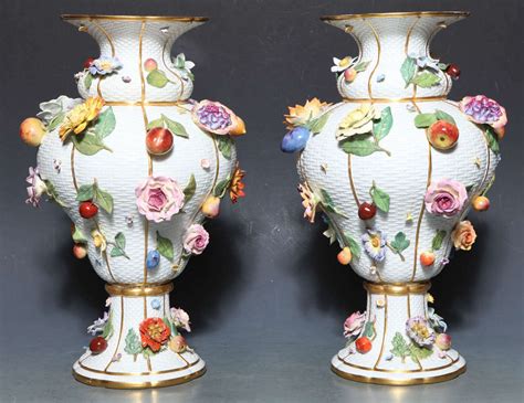 Pair of Meissen Porcelain Vases Encrusted with Raised Flowers and Fruits For Sale at 1stdibs
