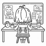 Girl Doing Homework At The Desk  Coloring Page For Children Hand sketch template