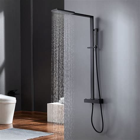 Exposed Thermostatic Shower Fixture with Rain Shower Head and Hand Shower Matte Black