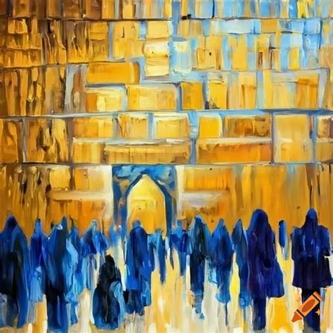 Abstract oil painting of people praying at the western wall