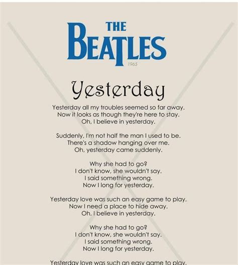 Yesterday Print the Beatles Beatles Lyrics From the Singles Collection Beatles Gift Beatles Gift ...