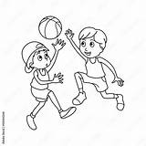 Black And White Contoured Cartoon Kids playing Ball Basketball  sketch template