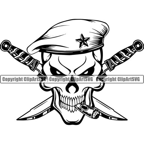 Black And White Skull Skeleton Beret Hat Smoking Design Element Crossed Knife Military Army ...