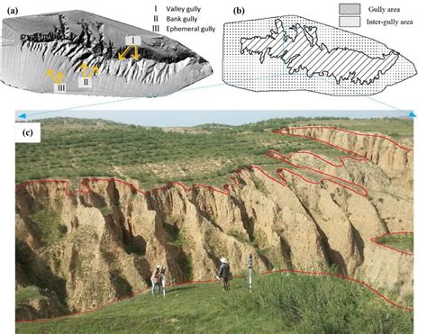 Gullies on the Loess Plateau: (a) gully types; (b) gully map; and (c)... | Download Scientific ...