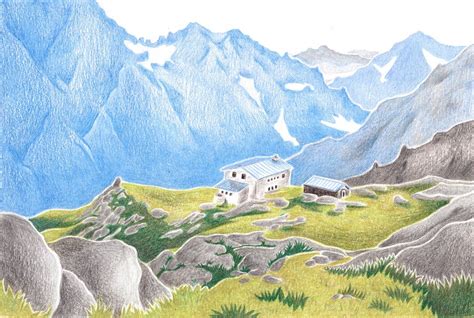 Paysage des Alpes | Dessin paysage, Dessin crayon de couleur, Crayon de ...