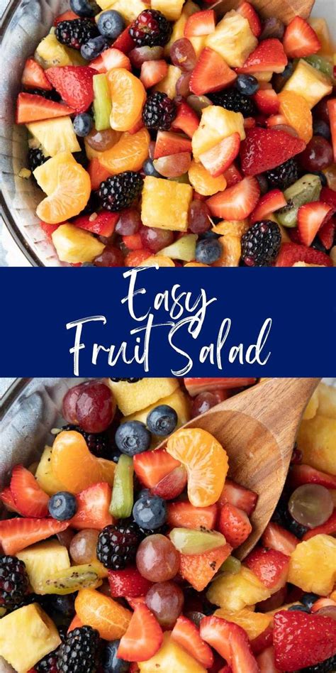 fresh fruit salad in a glass bowl with a wooden spoon and title overlay that reads easy fruit salad