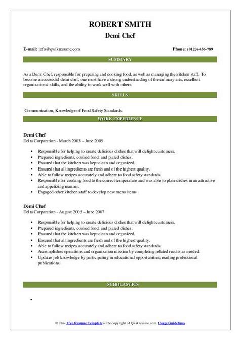 Demi Chef Resume Samples | QwikResume